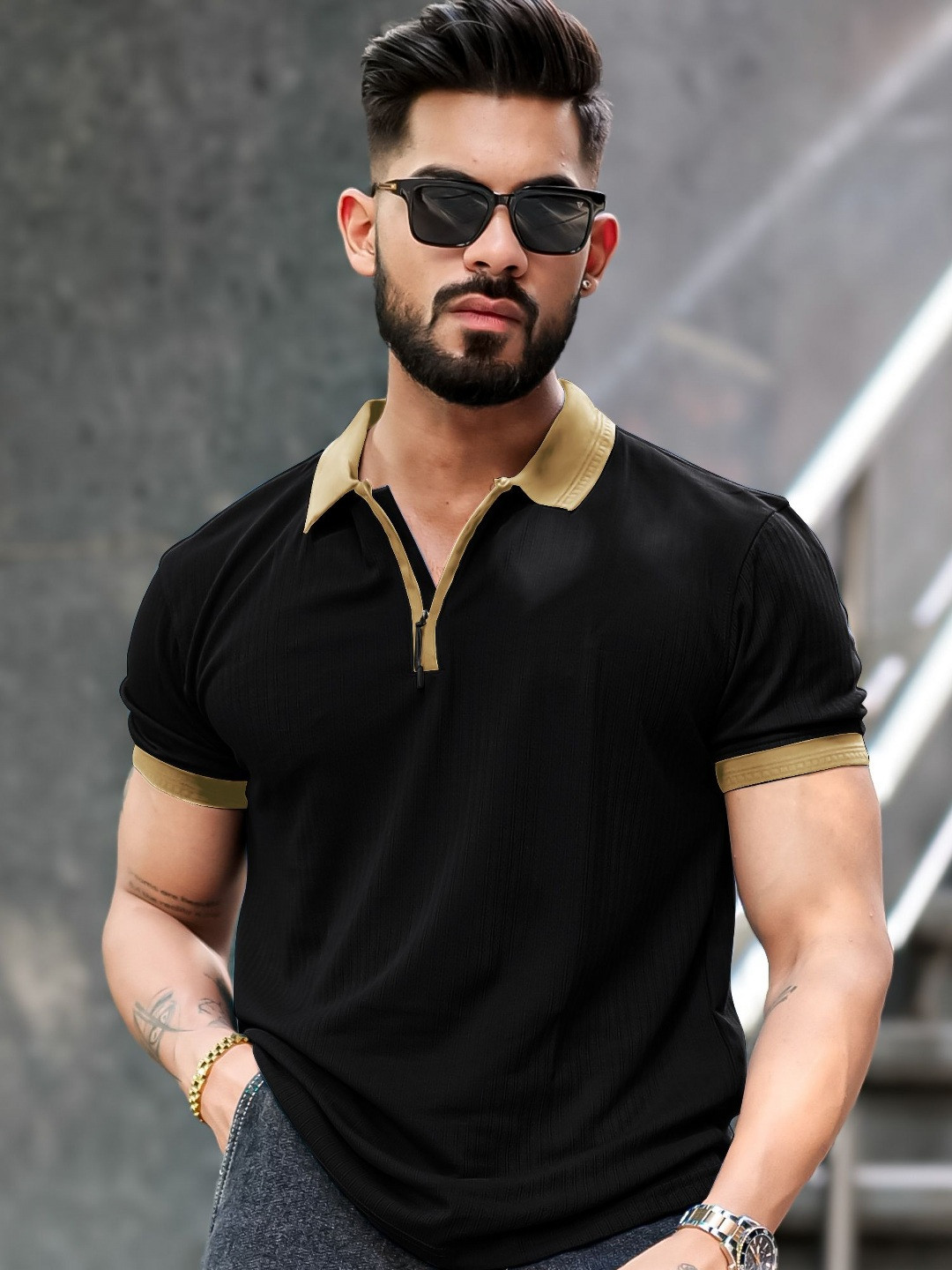 

Maniac Men Solid Polo Collar Cotton T-shirt, Black