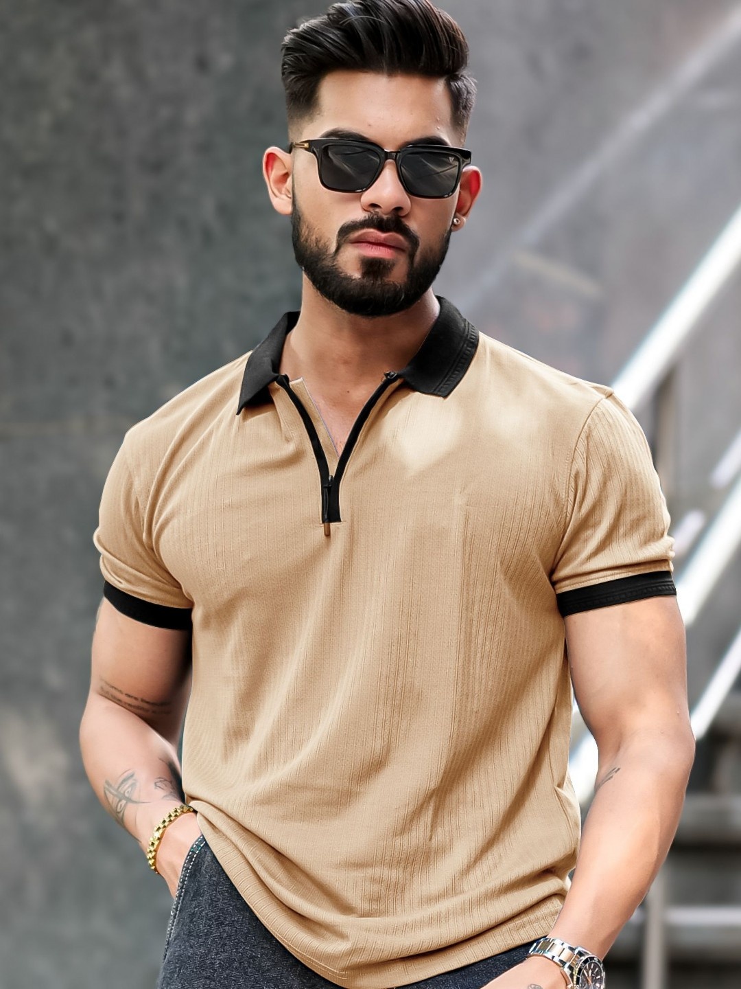 

Maniac Men Solid Polo Collar Cotton T-shirt, Beige