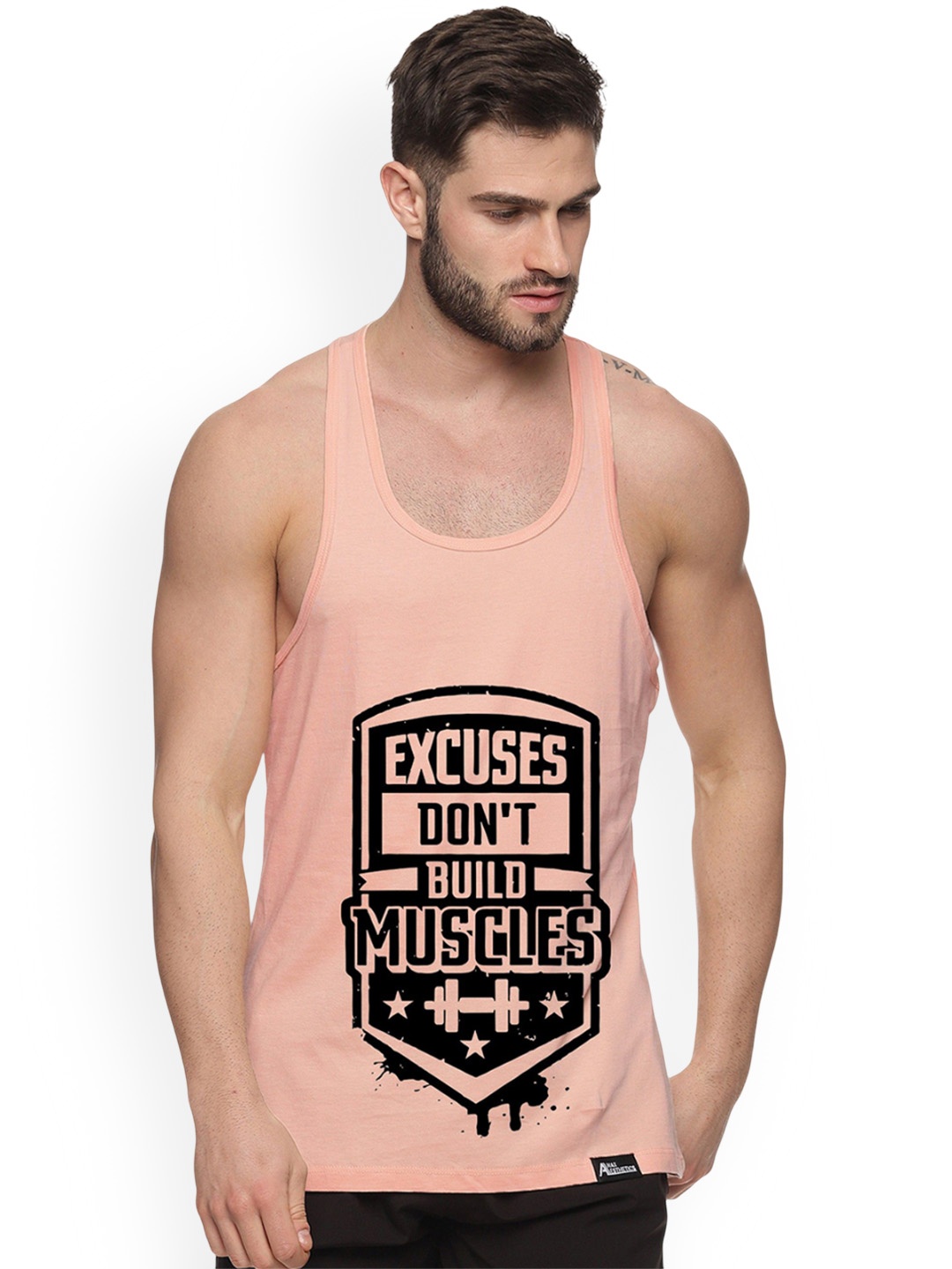 

Anax Aesthetics Men Printed Sleeveless Sando Gym Vests Stringer, Peach