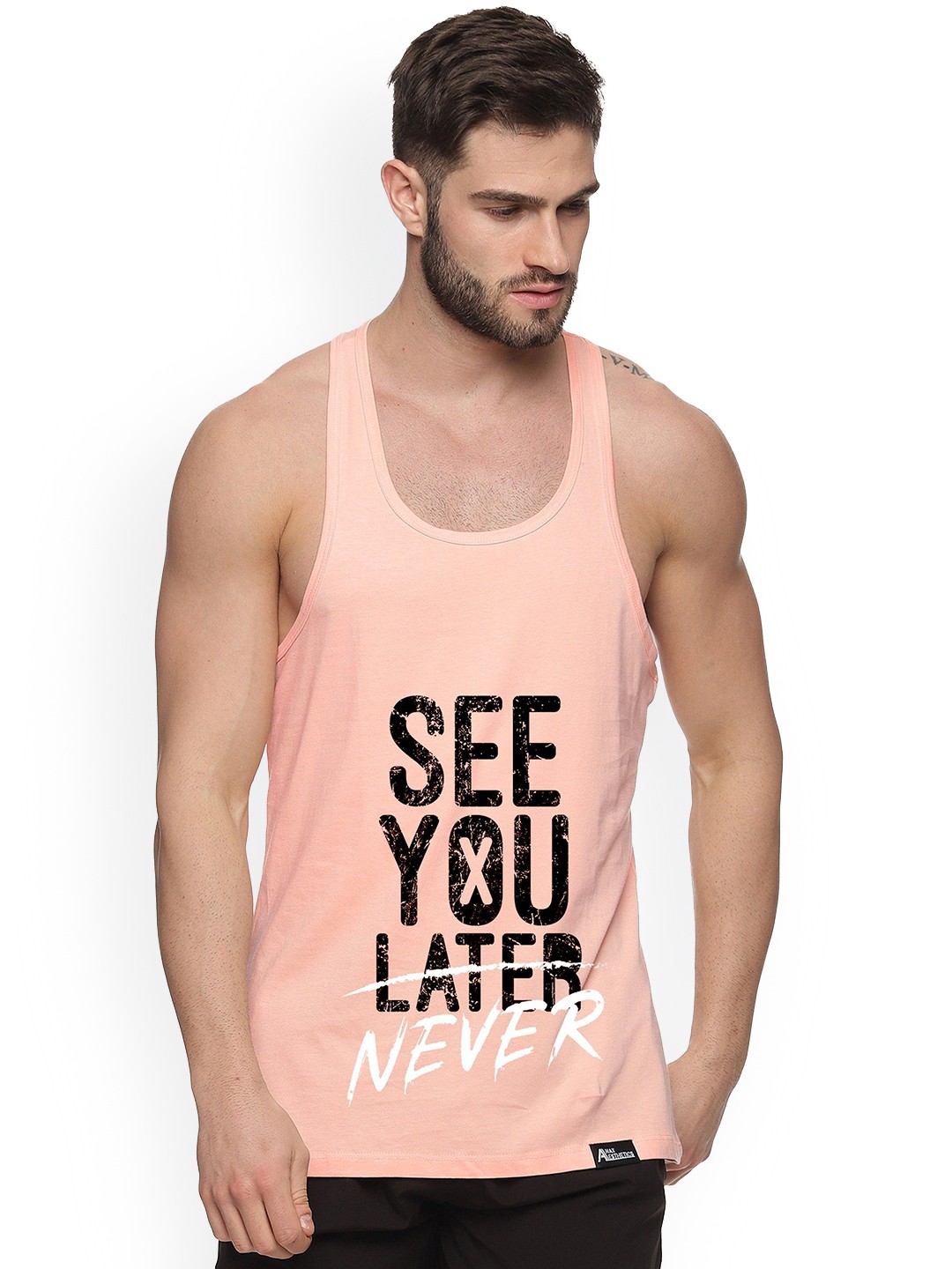 

Anax Aesthetics Men Printed Sleeveless Sando Gym Vests Stringer, Peach