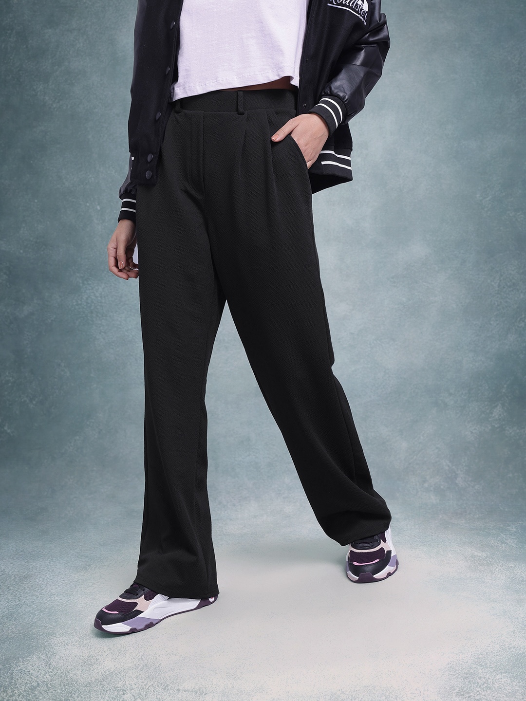 

The Roadster Lifestyle Co. Women Smart High-Rise Pleated Trousers, Black
