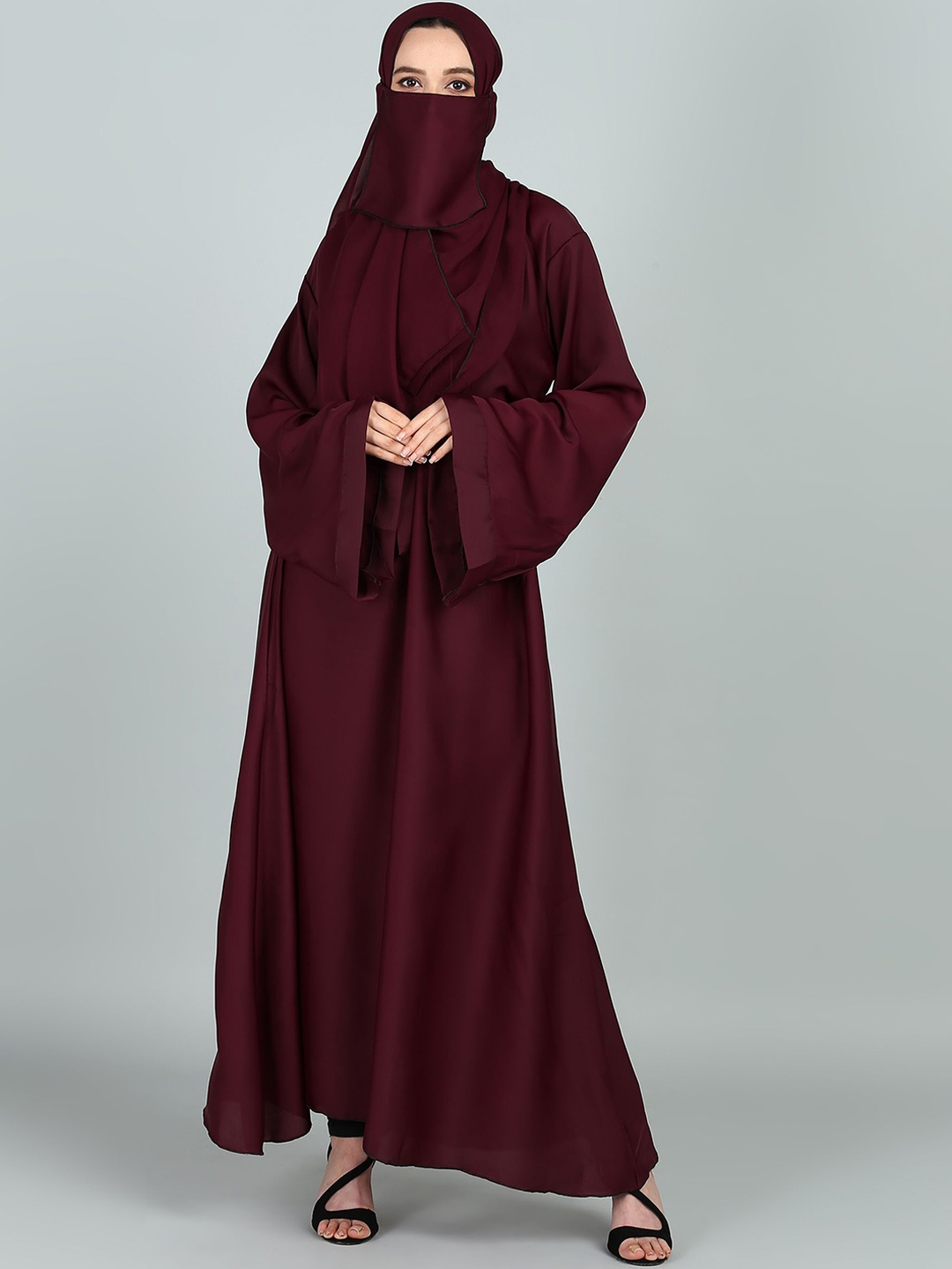 

BROKE BRAND Solid Abaya Round Neck with Adjustable Belt Burqa, Maroon