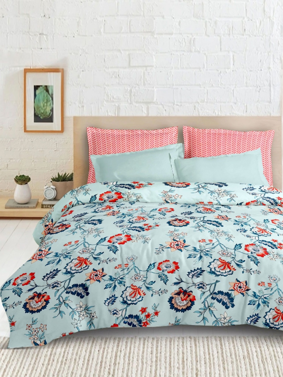 

Enchant Home Blue and Pink Floral 120 TC Queen Bedsheet Set- 2.54 m x 2.28 m