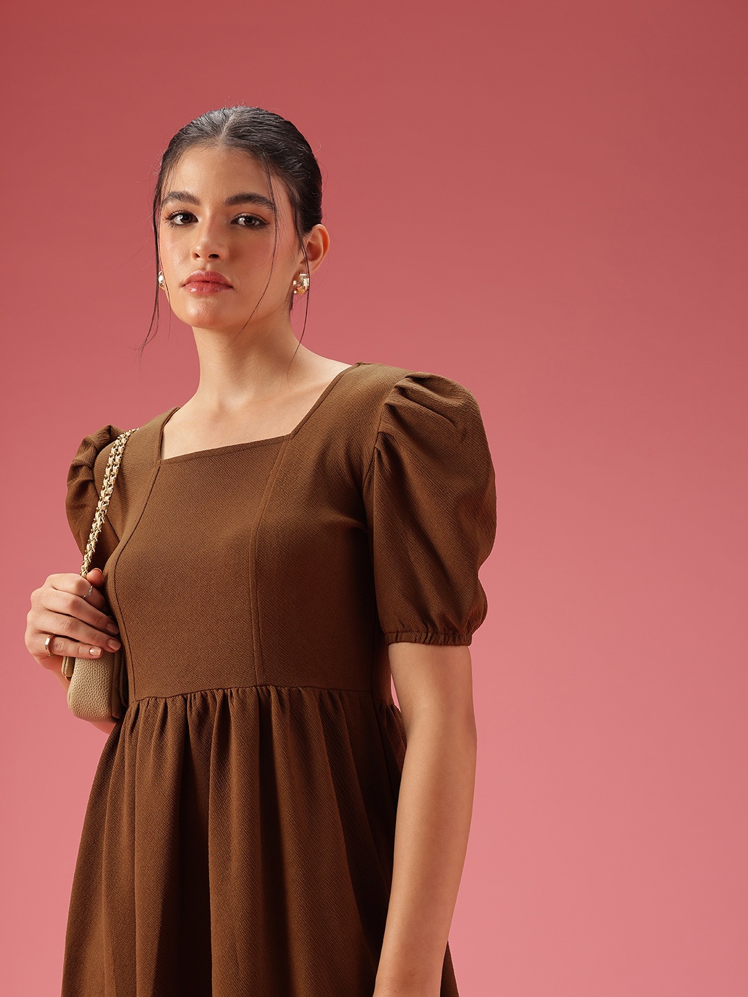 

DressBerry Gathers Square Neck Puff Sleeve A-Line Dress, Brown