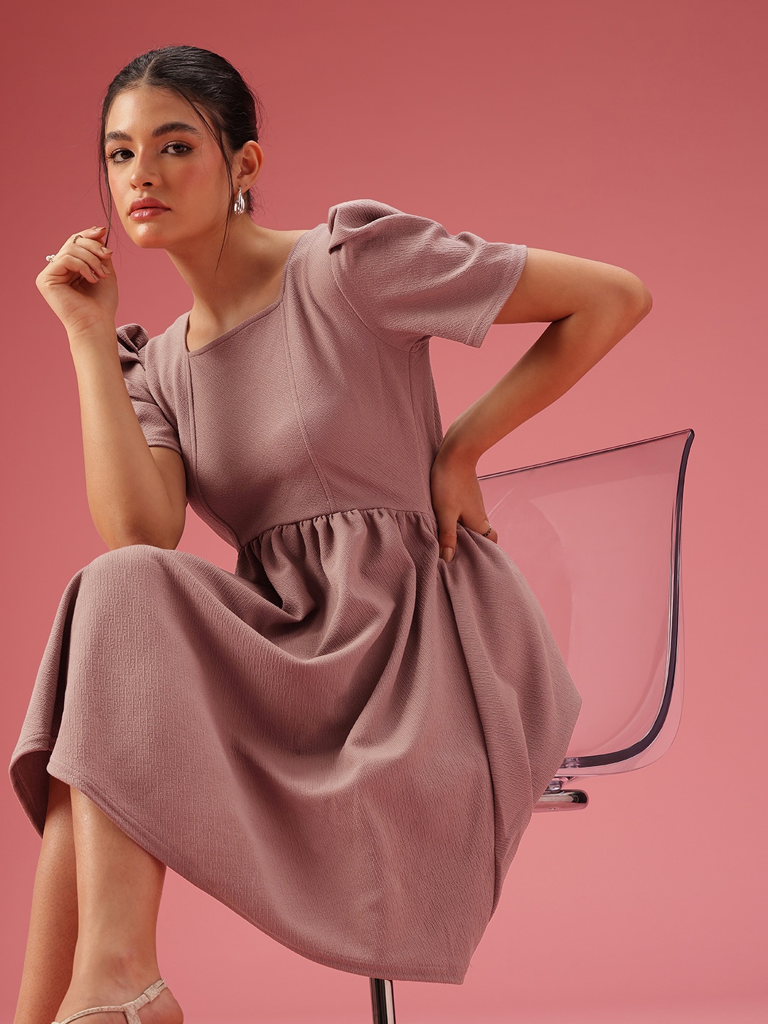 

DressBerry Gathers Square Neck Puff Sleeve A-Line Dress, Mauve