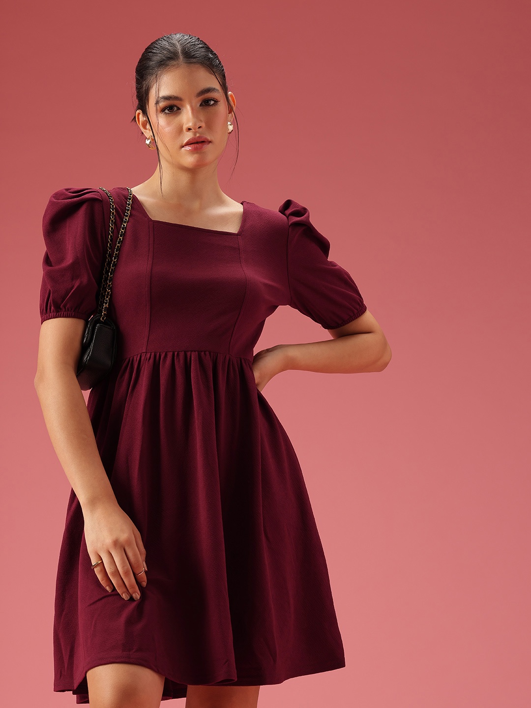 

DressBerry Gathers Square Neck Puff Sleeve A-Line Dress, Maroon