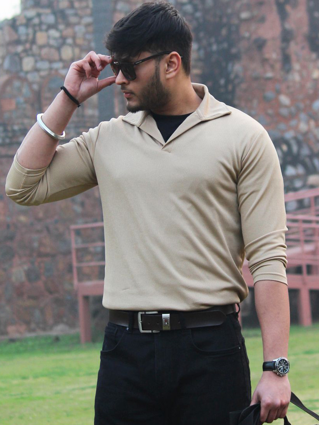 

Genzy Men Solid Polo Collar T-shirt, Beige