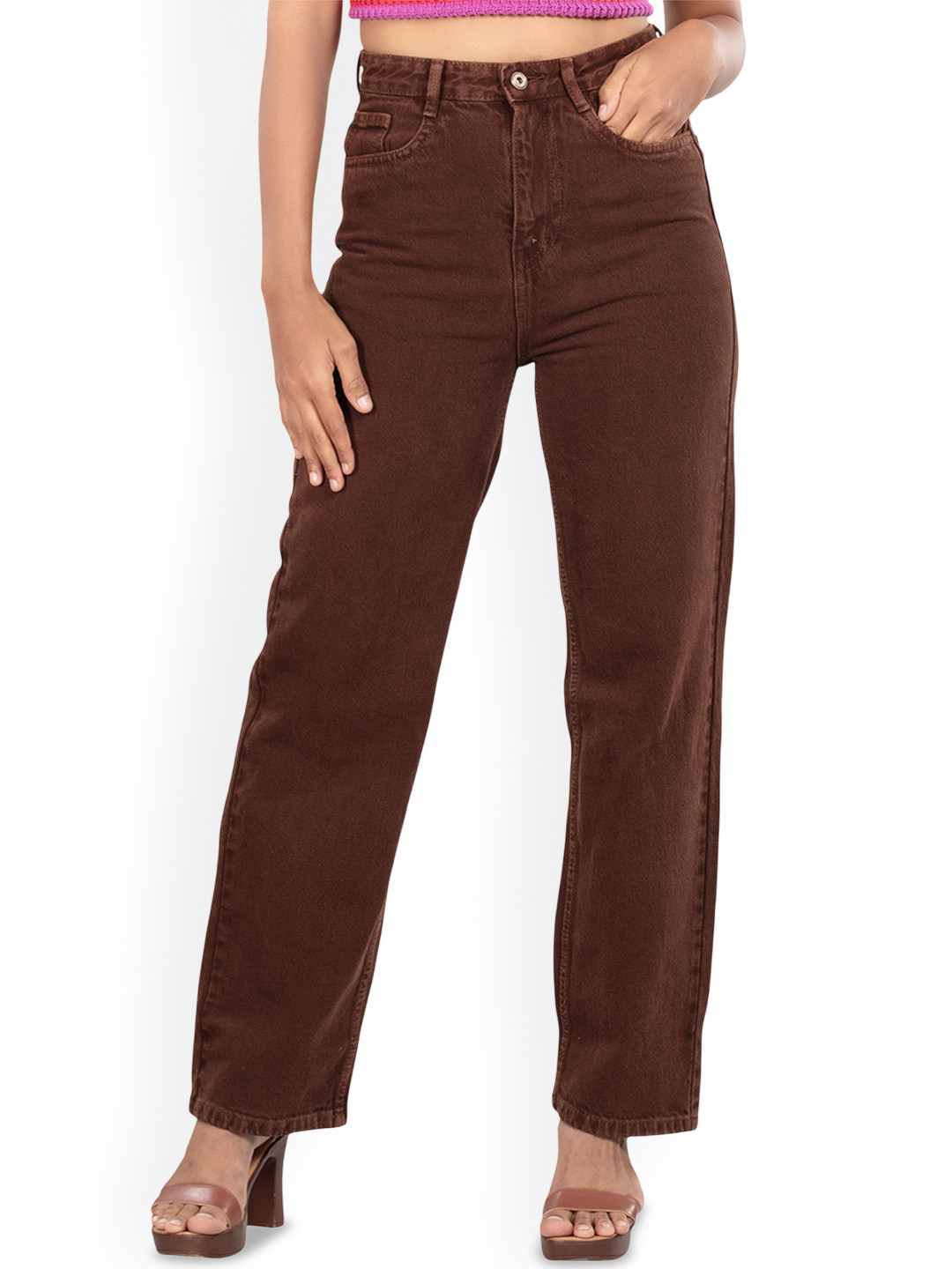 

BELLE ALLE DENIM Women Straight Fit High-Rise Jeans, Brown