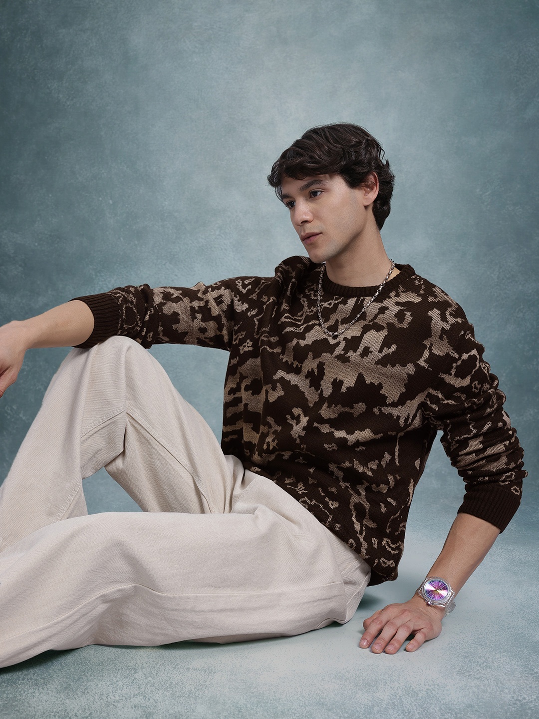 

The Roadster Lifestyle Co. Abstract Woven Design Pure Cotton Pullover, Brown