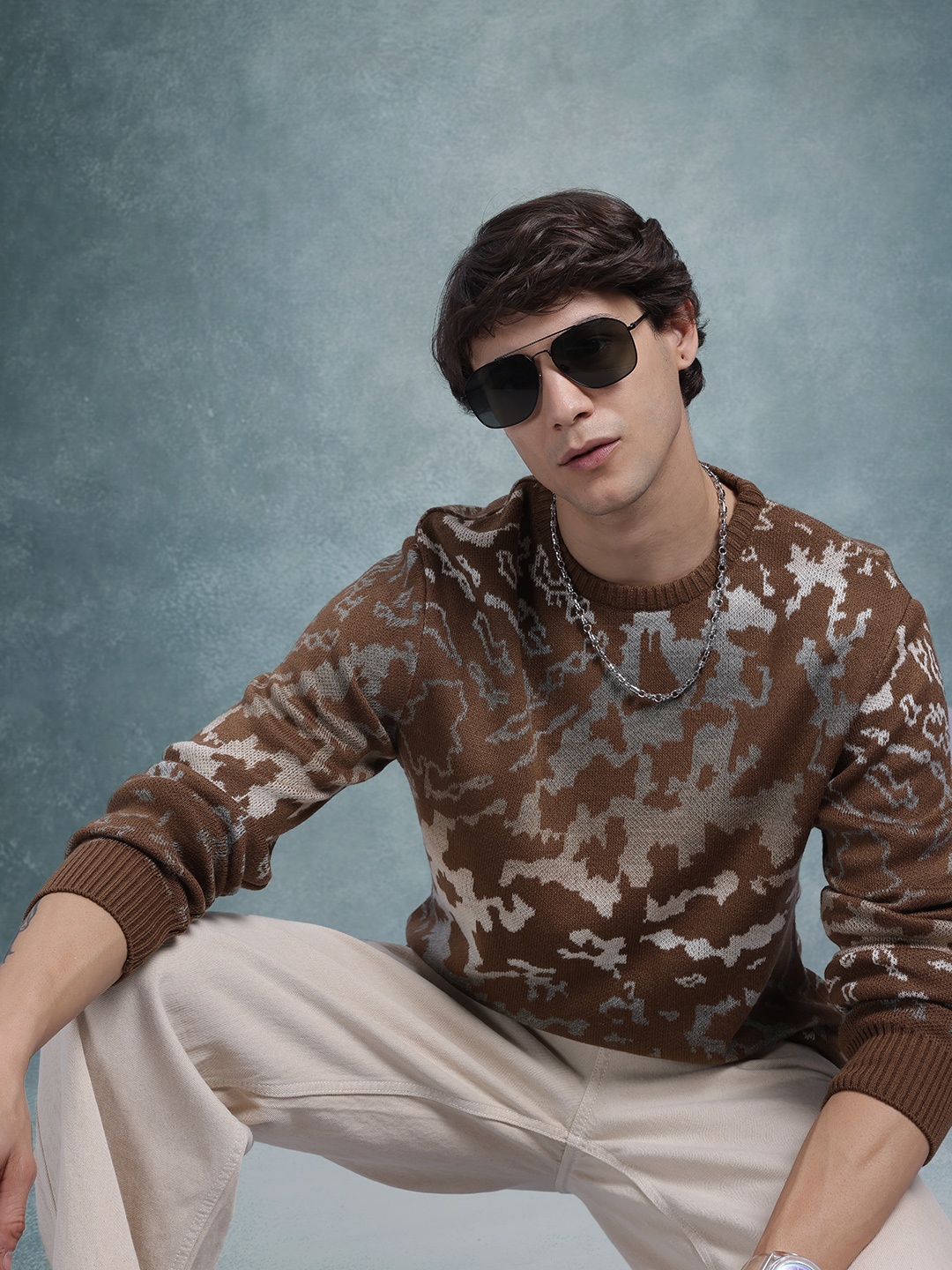 

The Roadster Lifestyle Co. Abstract Woven Design Pure Cotton Pullover, Brown
