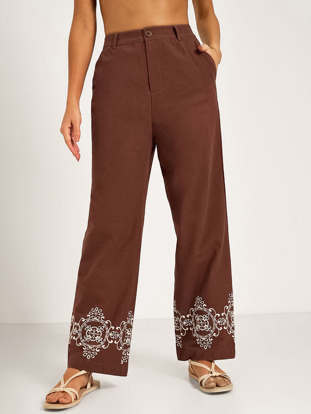 

Honey by Pantaloons Women Straight Fit High-Rise Cotton Parallel Trousers, Brown