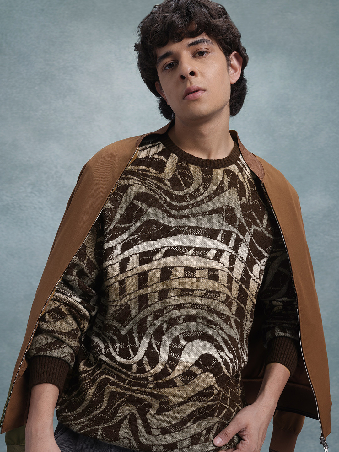 

The Roadster Lifestyle Co. Abstract Woven Design Pure Cotton Pullover, Coffee brown