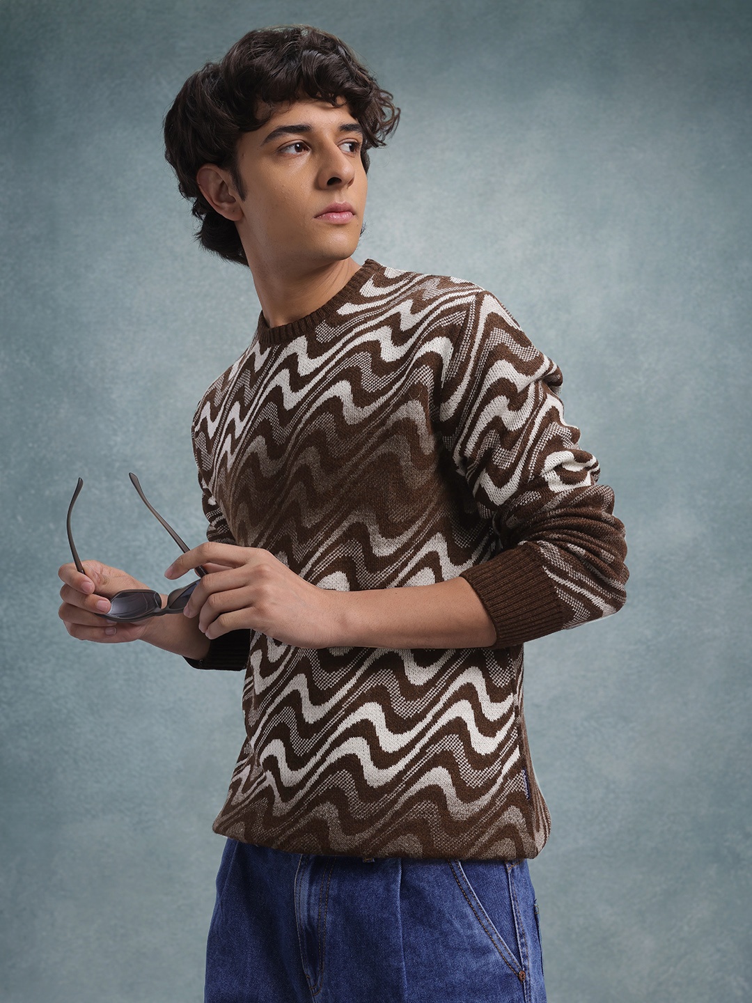 

The Roadster Lifestyle Co. Abstract Woven Design Pure Cotton Pullover, Brown