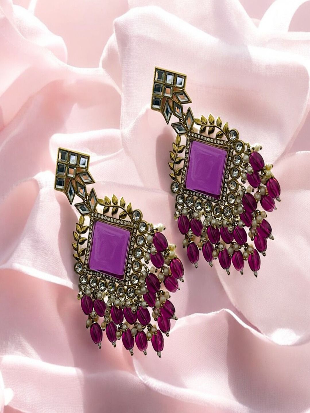 

AccessHer Brass-Plated Artificial Stones Studded And Beaded Geometric Shaped Drop Earrings, Purple