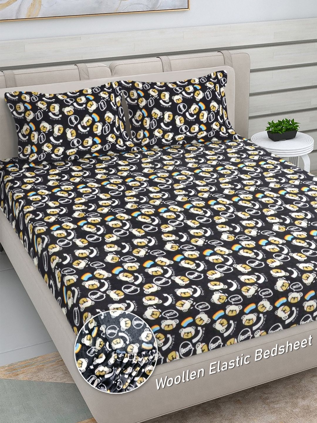 

FABINALIV Black Cartoon Characters Woollen 300 TC King Bedsheet Set 2.50 m x 2.25 m
