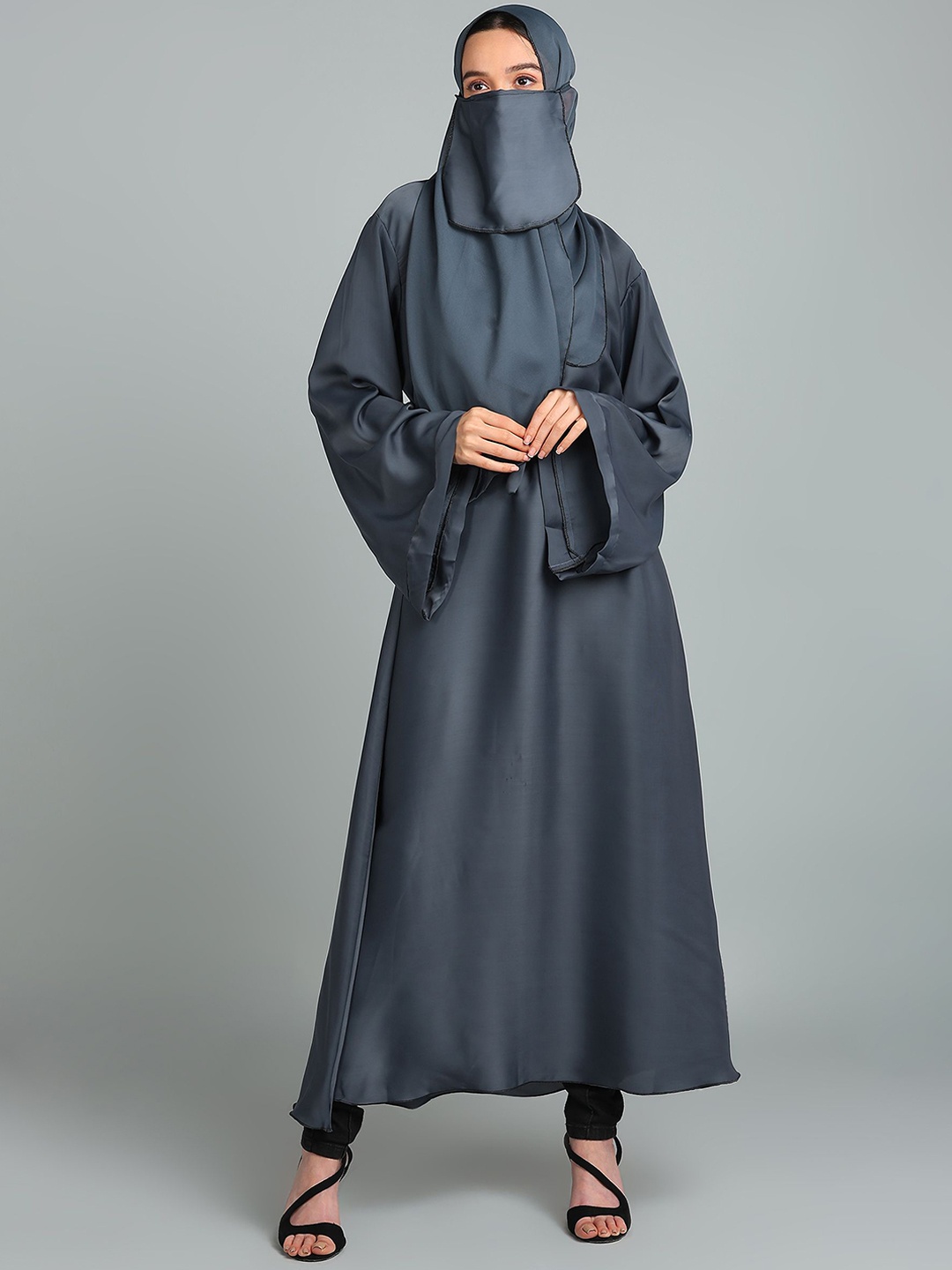 BROKE BRAND Solid Abaya Long Sleeves With Adjustable Belt, Grey