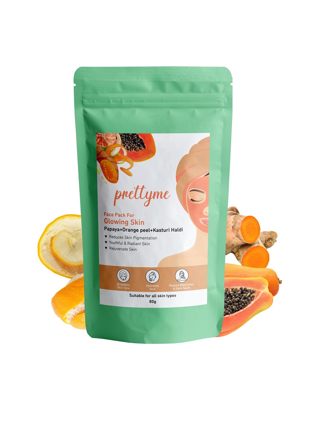 

Prettyme Natural Face Pack Powder With Papaya & Haldi For Glowing Skin - 80 g, Orange