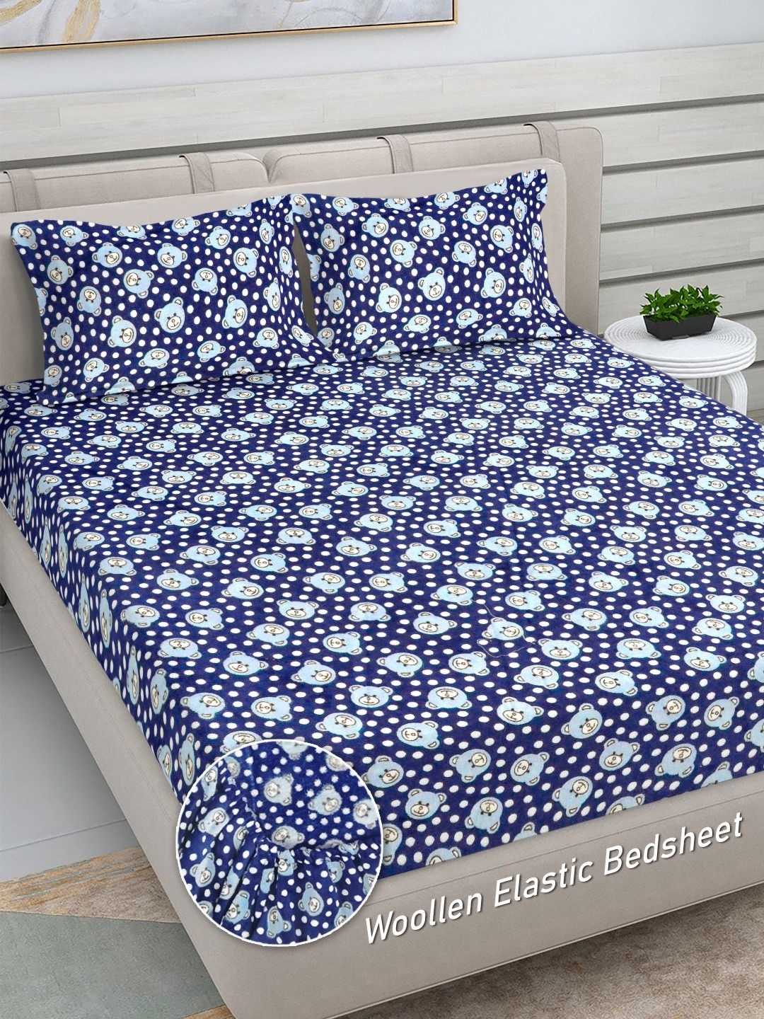 

FABINALIV Navy Blue Cartoon Characters Woollen 300 TC King Bedsheet Set 2.50 m x 2.25 m