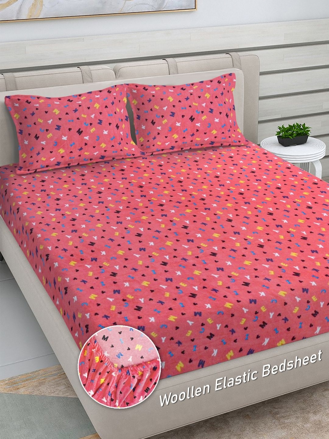 

FABINALIV Pink Cartoon Characters Woollen 300 TC King Bedsheet Set 2.50 m x 2.25 m