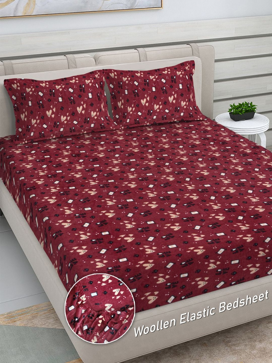 

FABINALIV Maroon Typography Printed 300 TC Fitted King Bedsheet Set- 2.50 m x 2.25 m