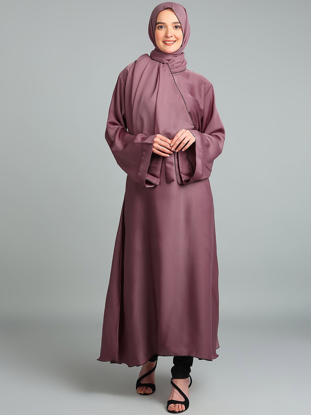 BROKE BRAND Solid Abaya Round Neck With Adjustable Belt, Mauve