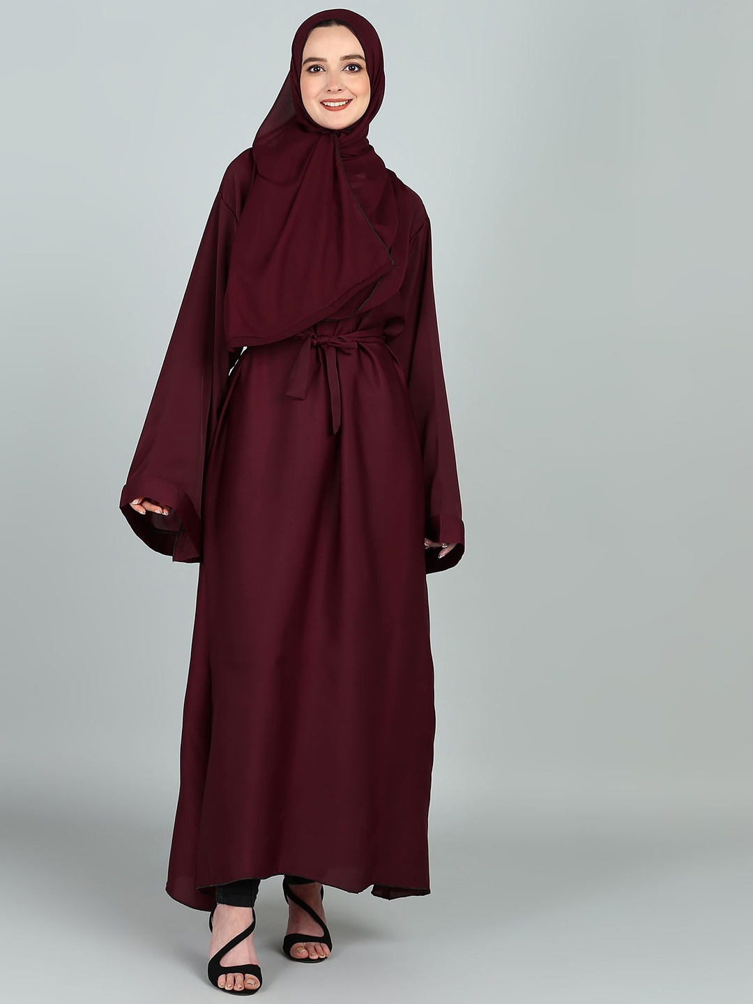 

BROKE BRAND Abaya Round Neck With Adjustable Belt, Maroon