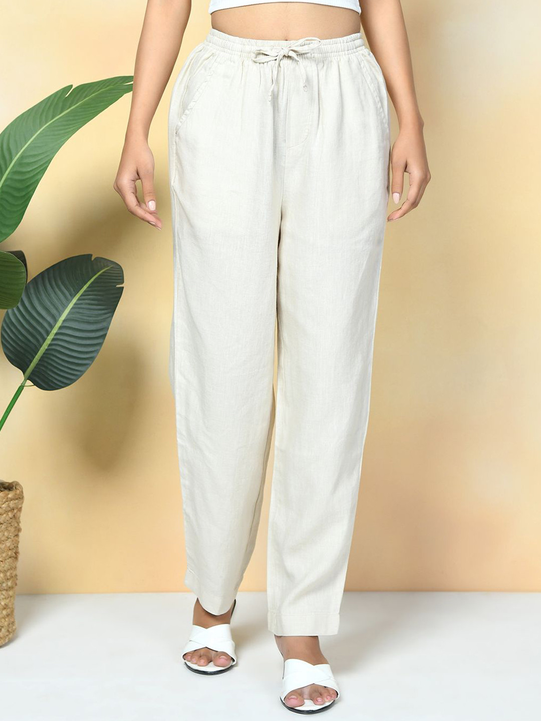 

Rimore Women Relaxed Straight Leg Fit Mid-Rise Trousers, Beige