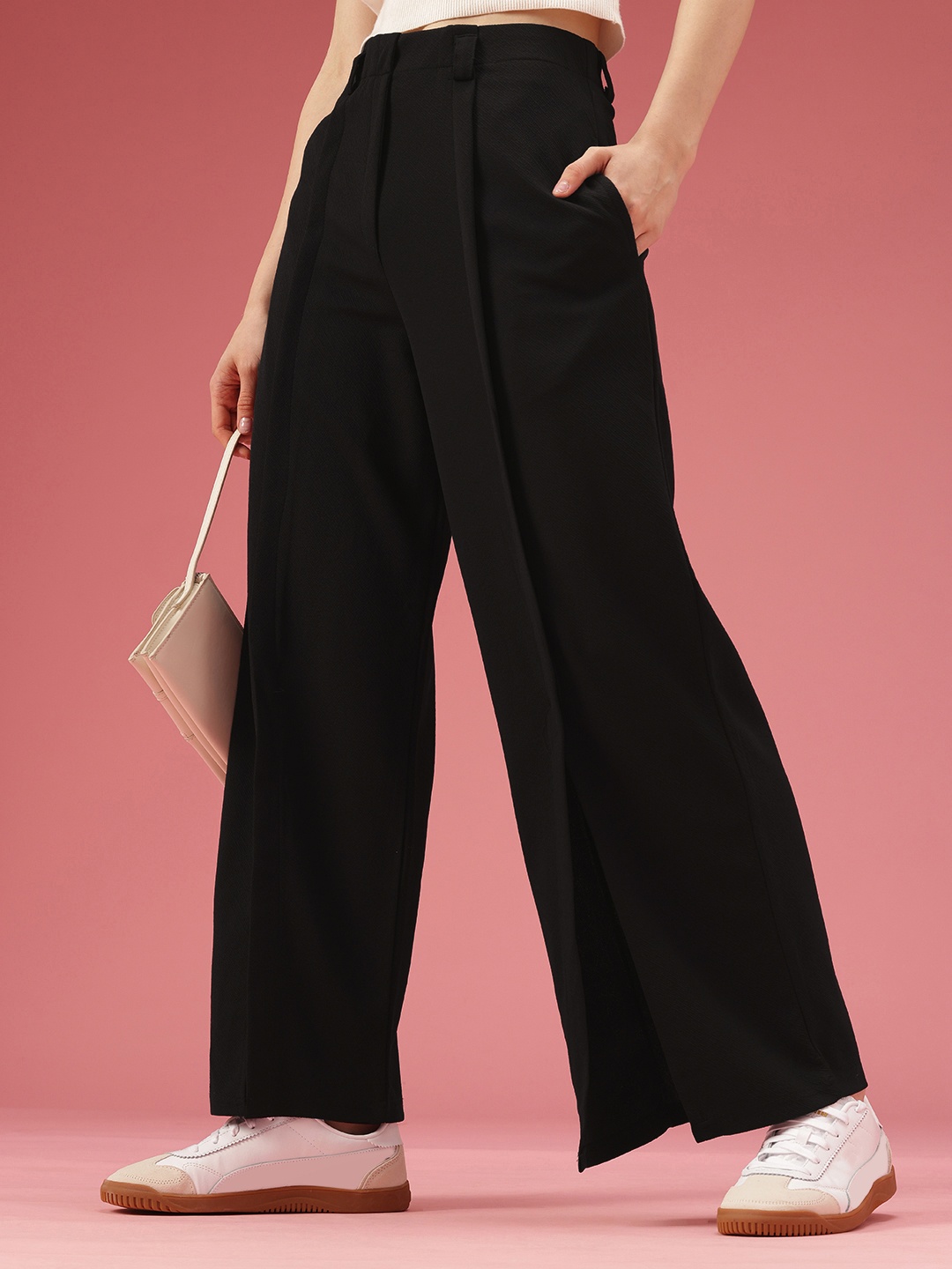 

DressBerry Women Flared High-Rise Pleated Wide Leg Korean Trousers, Black