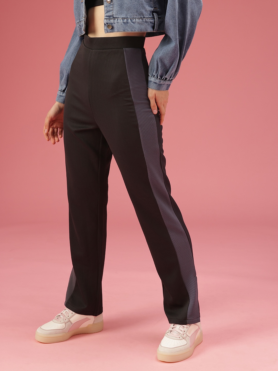 

DressBerry Women Textured Side Striped High-Rise Trousers, Black