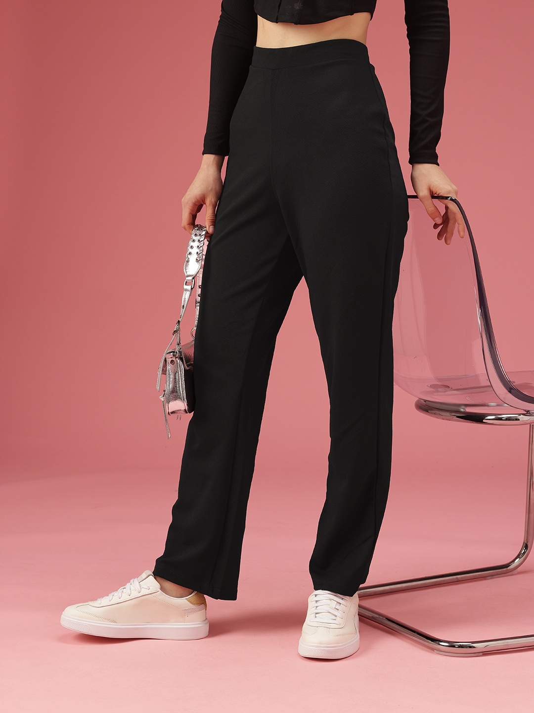 

DressBerry Women Self Design Textured High-Rise Trousers, Black