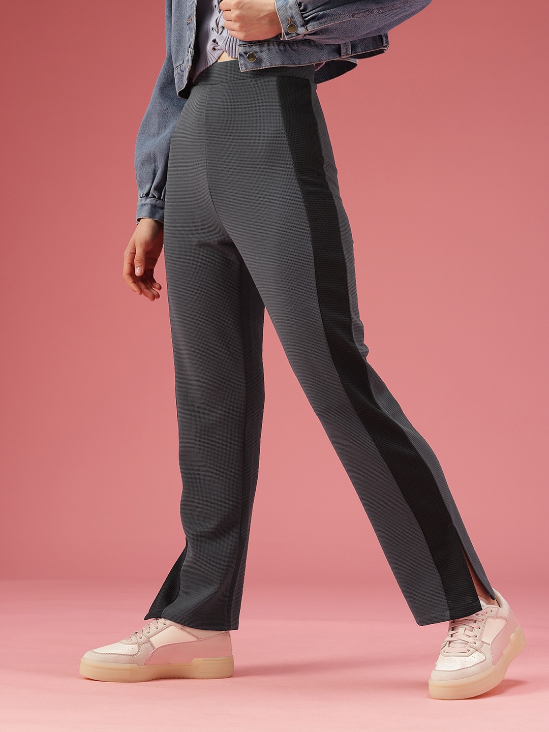 

DressBerry Women Self Design Textured High-Rise Side Stripes Trousers, Grey