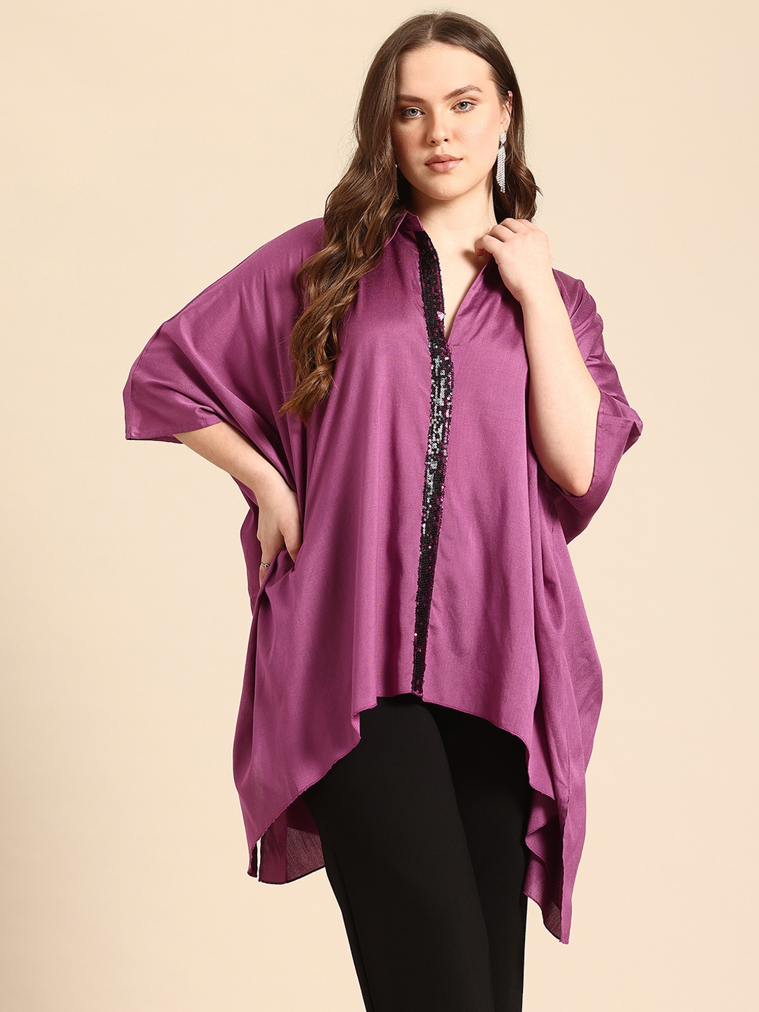 

Qurvii Women Comfort Kaftan Style Silk Party Shirt with Sequin Detail, Purple