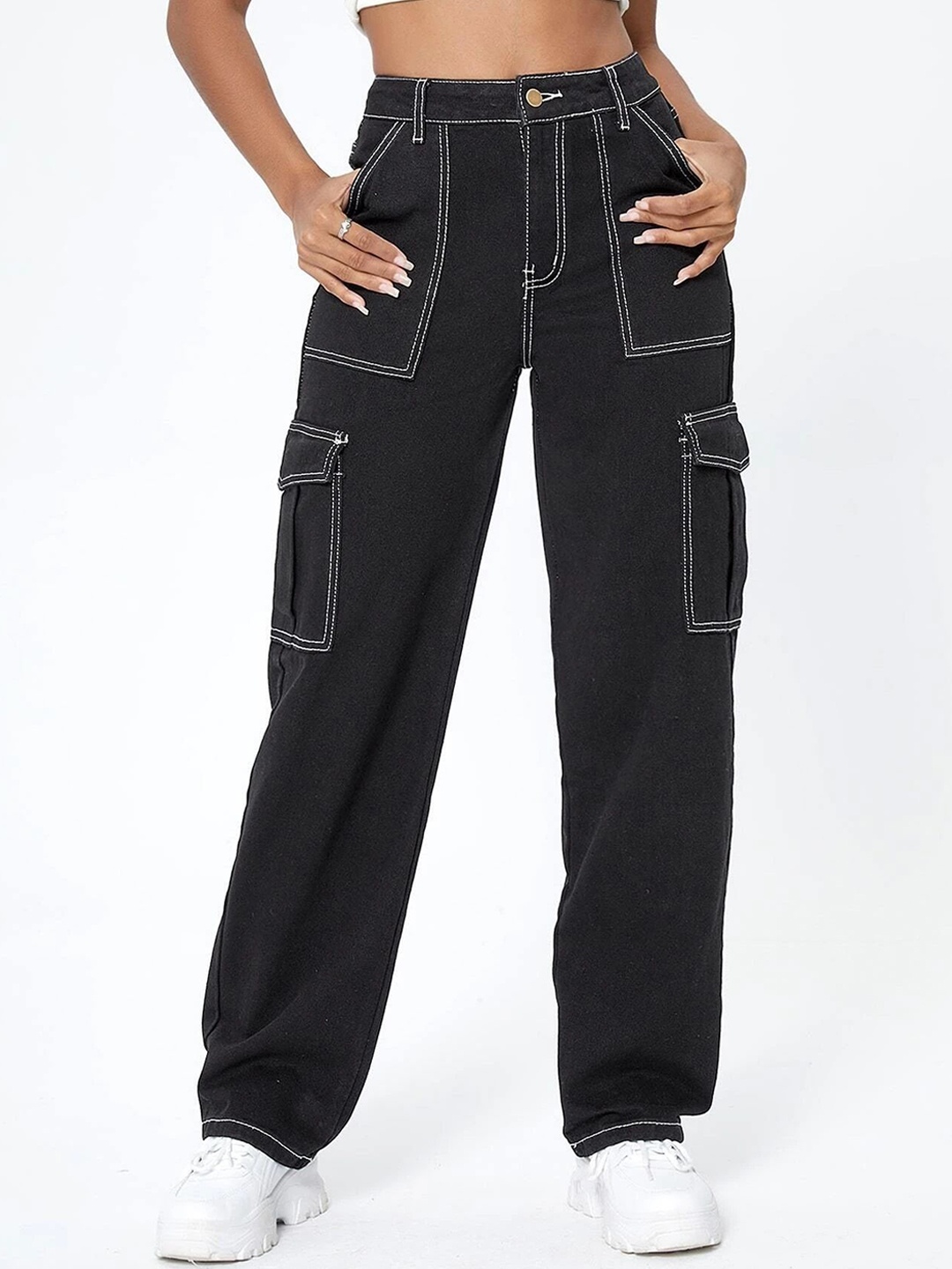 

Aadvi Fashion Women Loose High-Rise Mildly Distressed Stretchable Jeans, Black