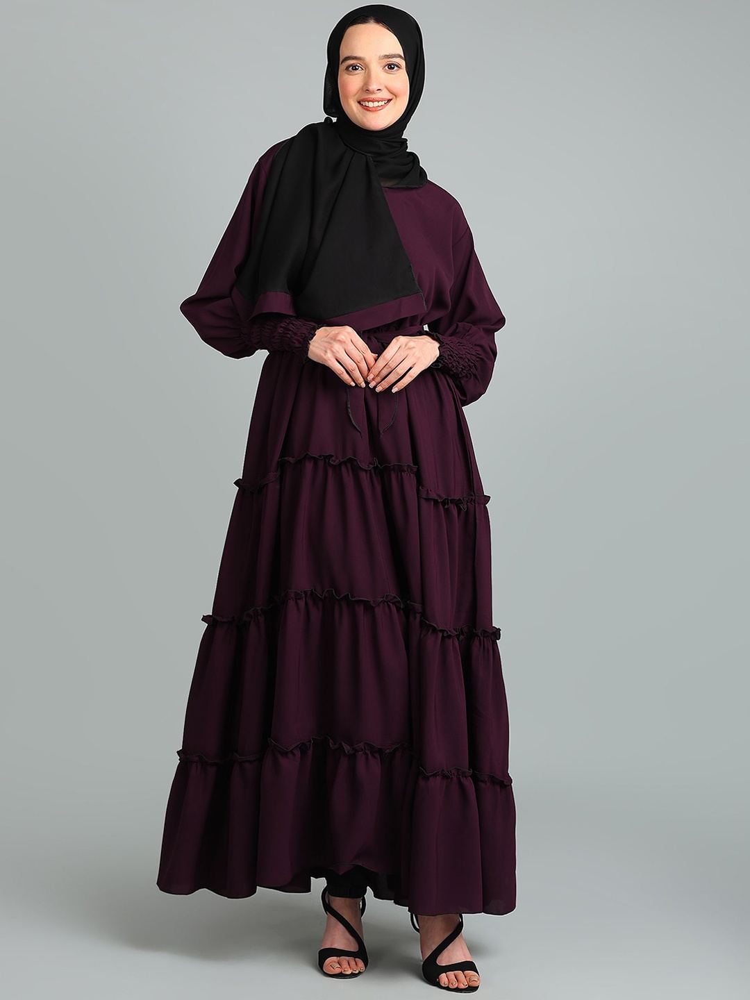 

BROKE BRAND Solid Puff Sleeve Tiered Abaya with Adjustable Belt, Purple