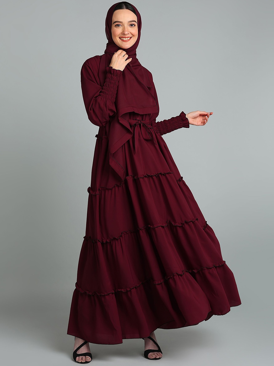 

BROKE BRAND Solid Puff Sleeve Tiered Abaya with Adjustable Belt, Maroon