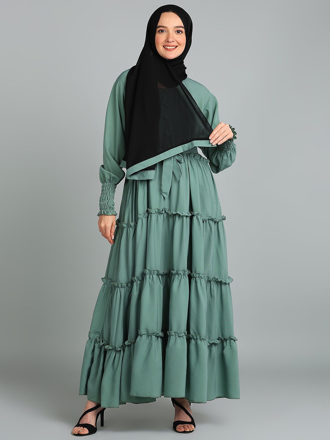 

BROKE BRAND Solid Puff Sleeve Tiered Abaya with Adjustable Belt, Green