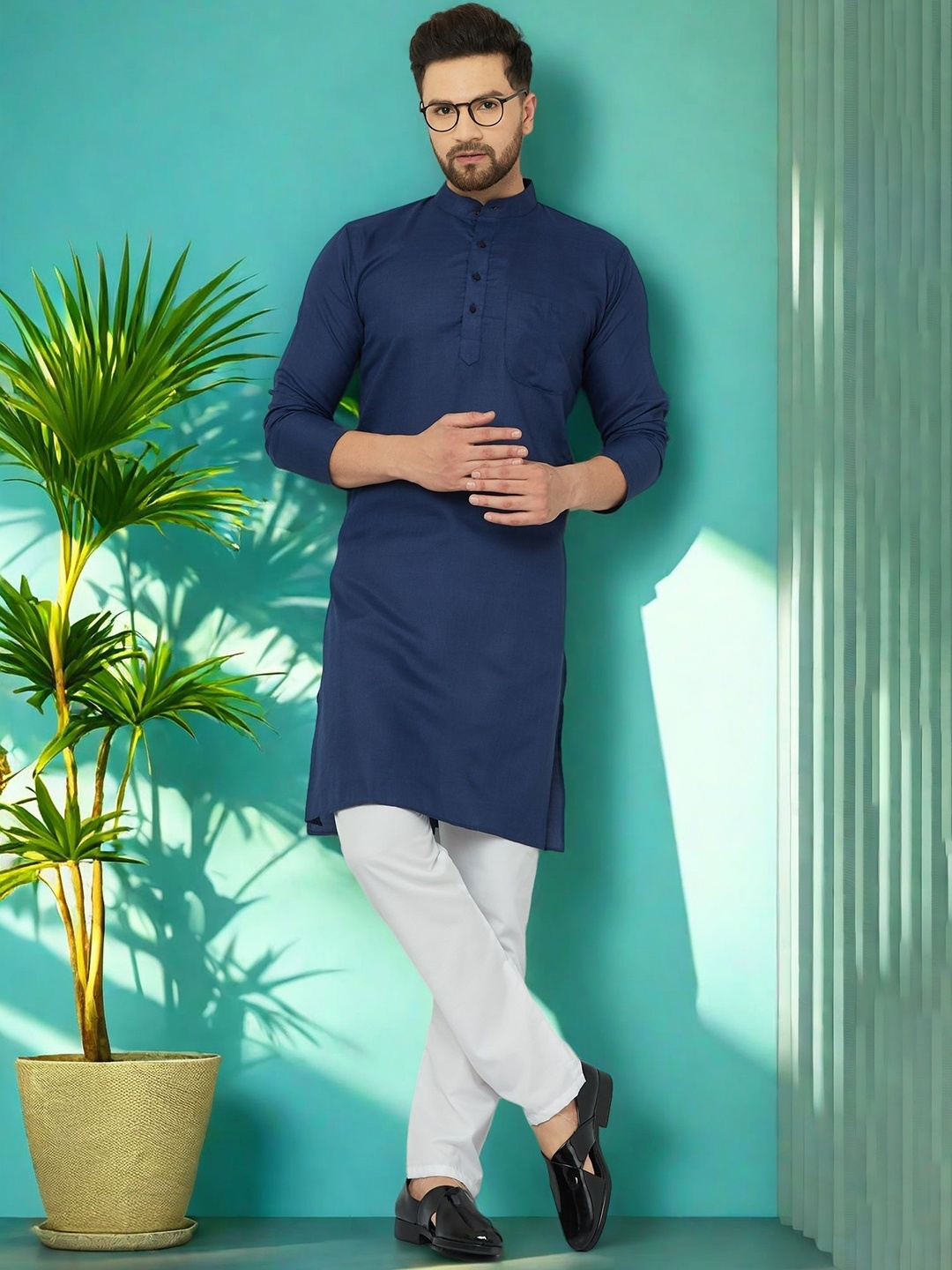 

LEMONX Men Regular Kurta with Pyjamas, Navy blue