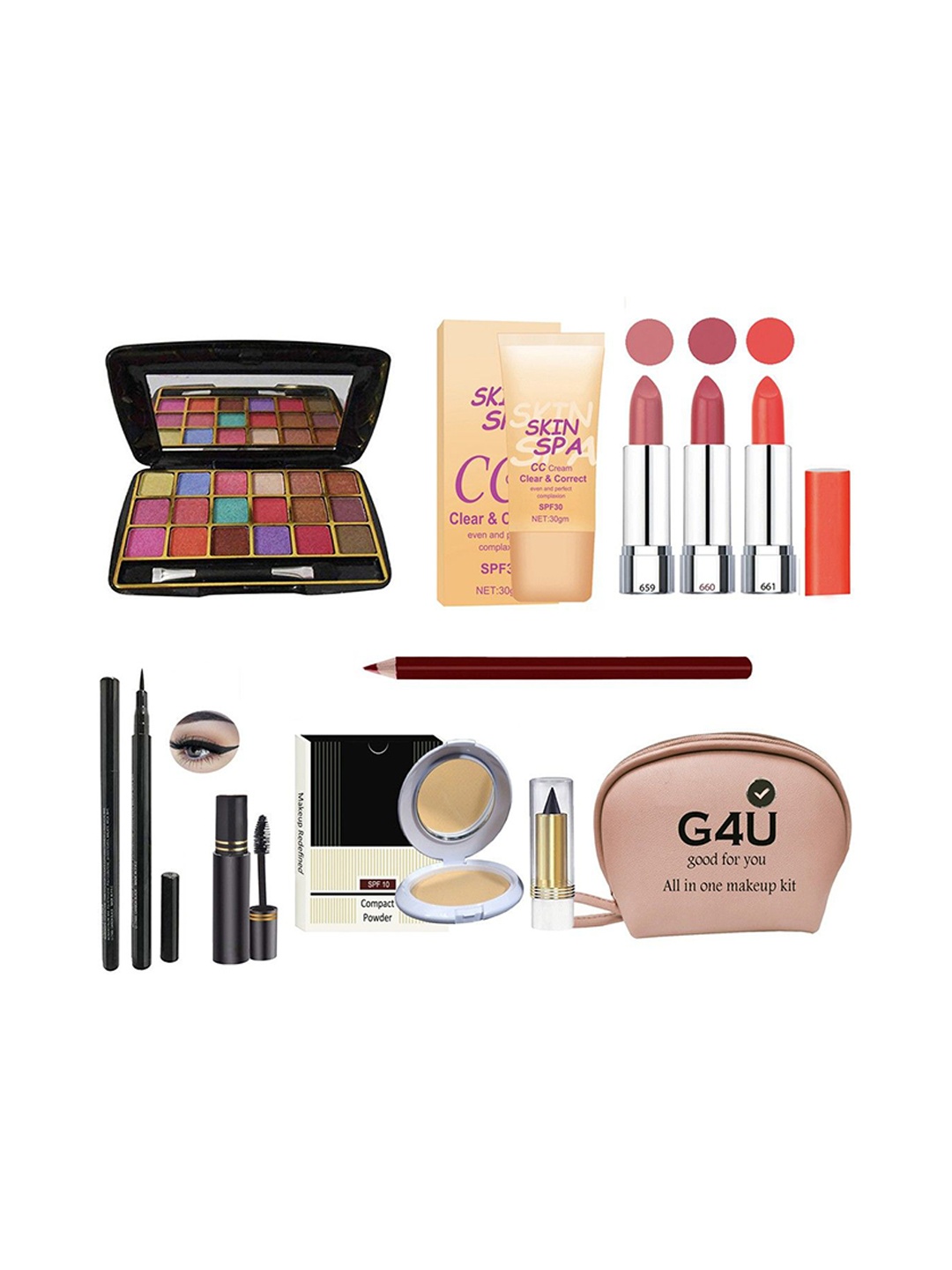 

G4U All In One Makeup Kit (1 Eye shadow,1Cream,3 Lipstick,Liner,Mascara,Compact,1Kajal,1Pouch ETC.)P02, Multi