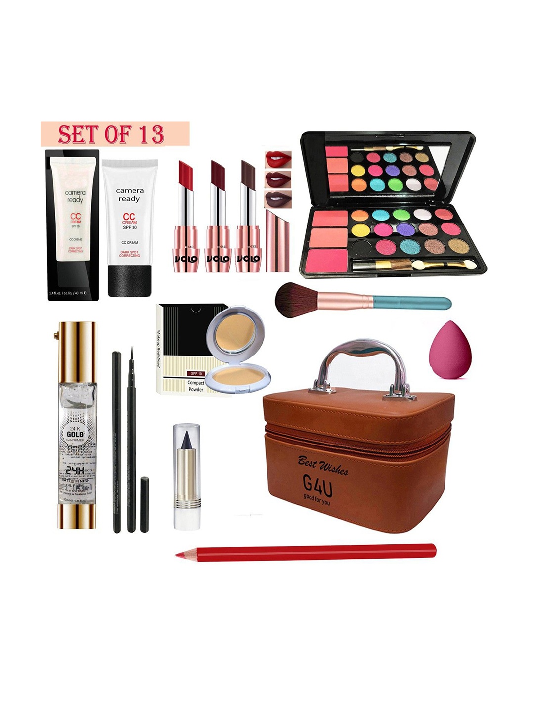 

G4U All In One Makeup Kit with Multi-purpose Makeup Box(Mauve Matte lipstick)13Pcs.