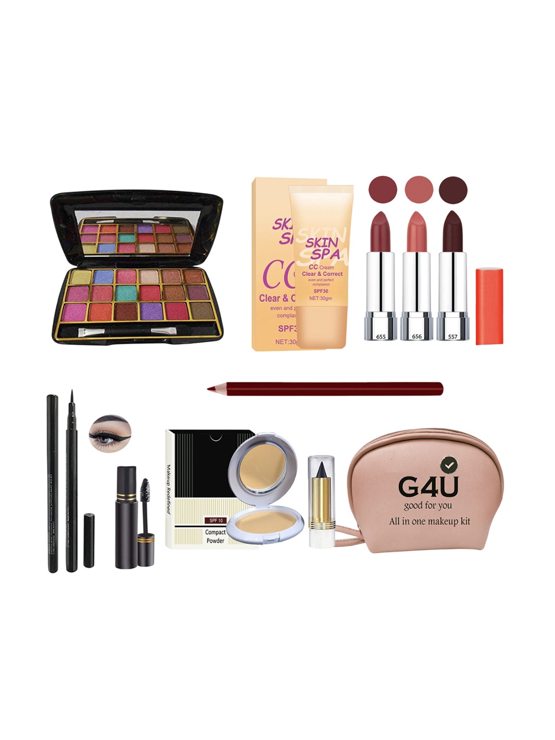 

G4U All In One Makeup Kit (1 Eye shadow,1Cream,3 Lipstick,Liner,Mascara,Compact,1Kajal,1Pouch ETC.)P01, Multi