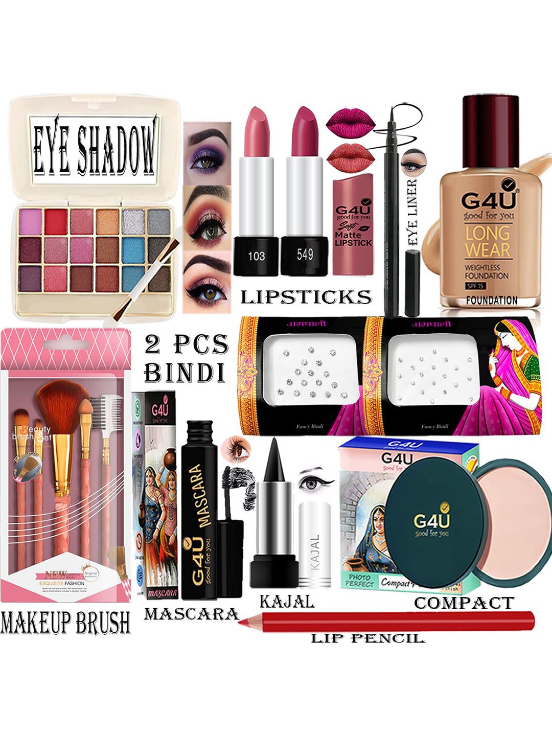 

G4U 16Pcs Pack Classics Cute & Bold Makeup Kit Set/Women 26j2022A3, Multi