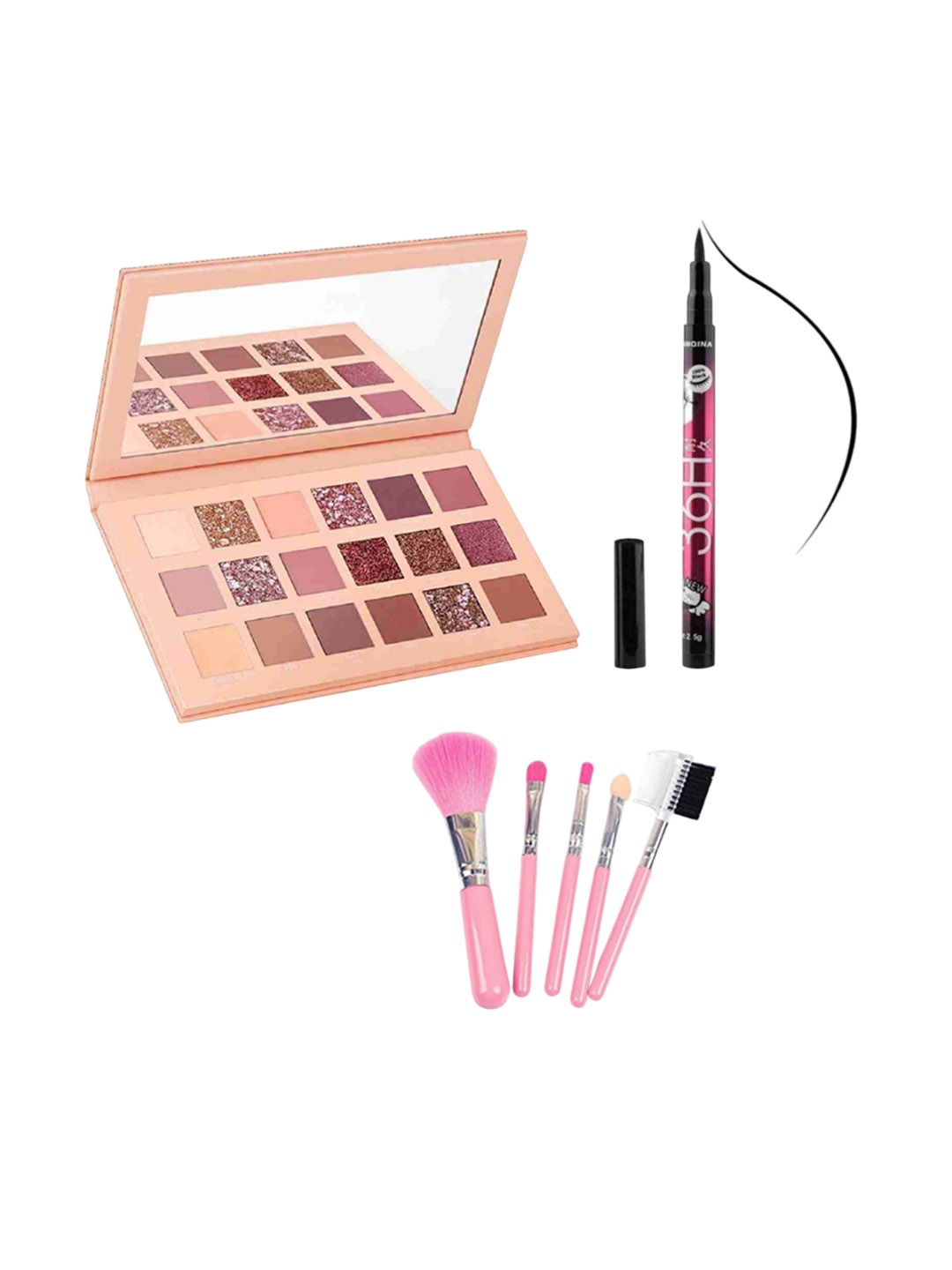 

Lenon Set Of 3 Eye Shadow Palette & Eyeliner With 5 Pcs Makeup Brushes - Pink