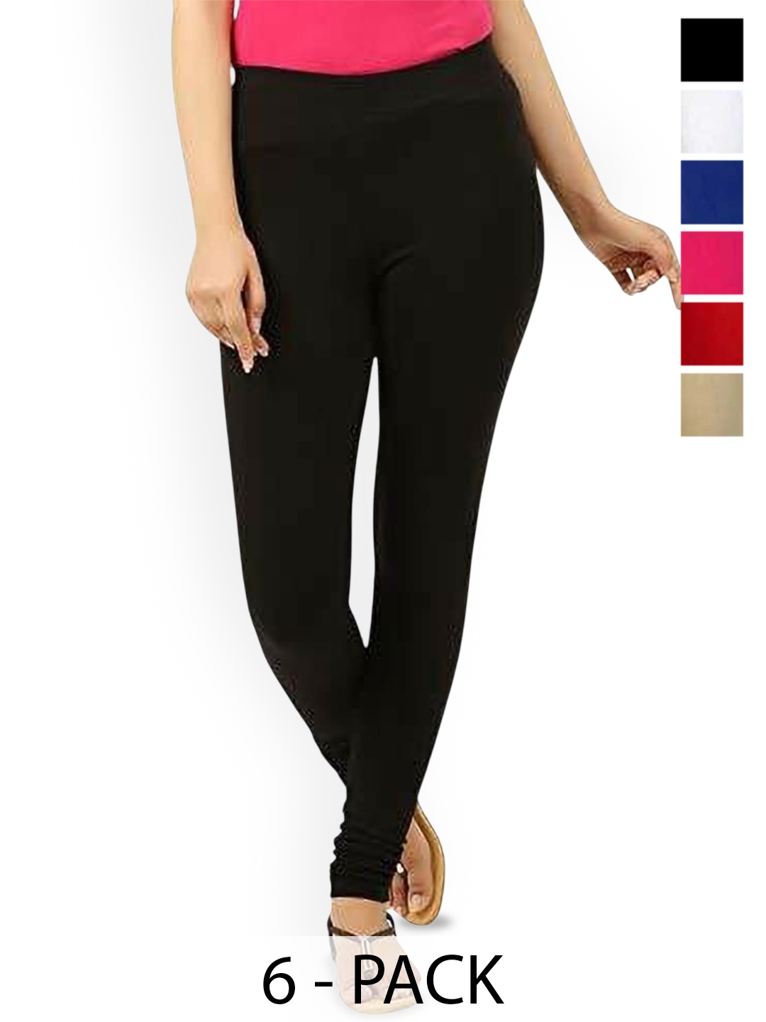 

PR PINK ROYAL Pack Of 6 Cotton Churidar Length Leggings, Black