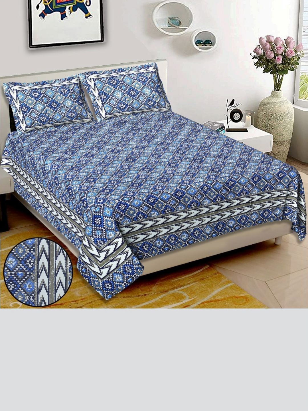

Blck Homes Blue & White Geometric 220 TC King Bedsheet with 2 Pillow Covers