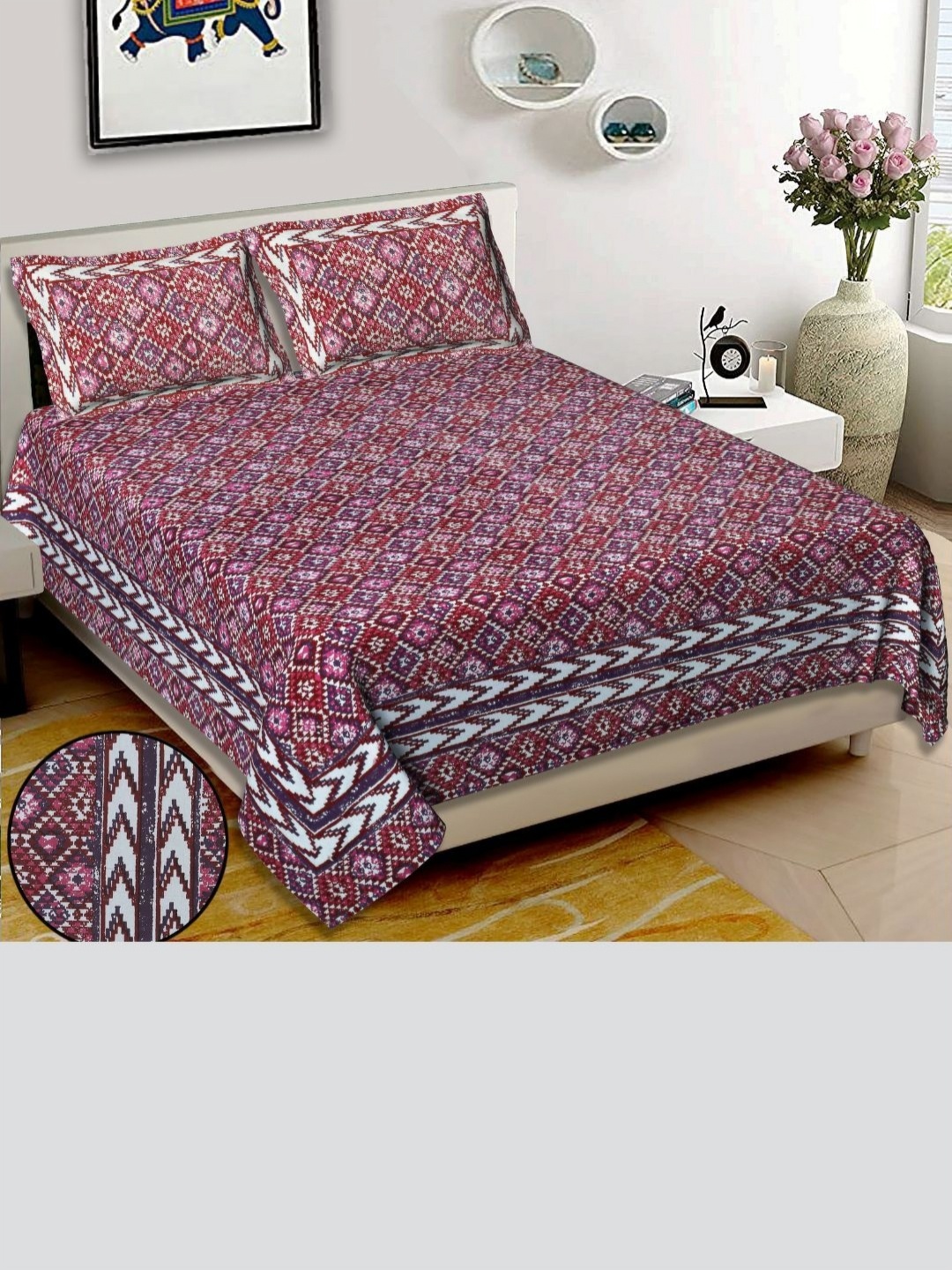 

Blck Homes Maroon & White Geometric 220 TC King Bedsheet with 2 Pillow Covers