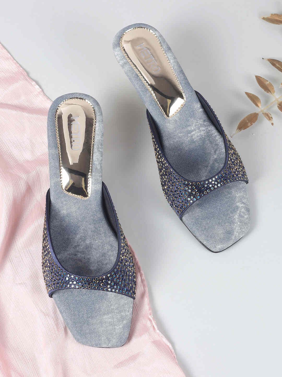 

Metro Embellished Block Mules with Bows, Blue
