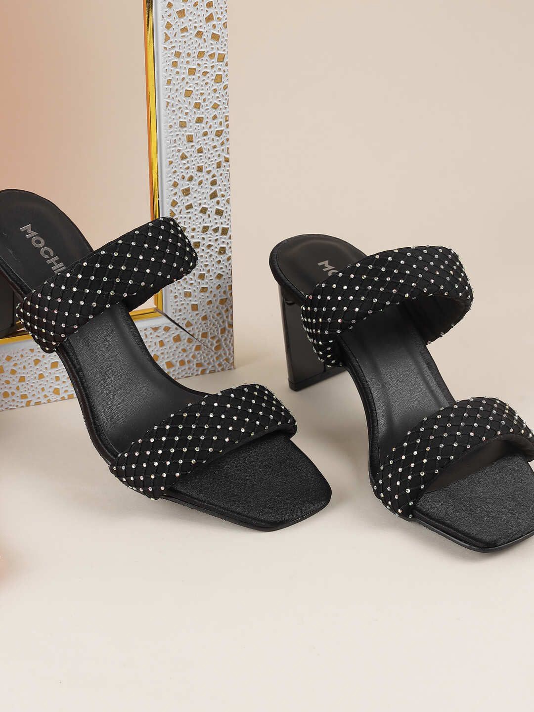 

Mochi Embellished Block Sandals, Black