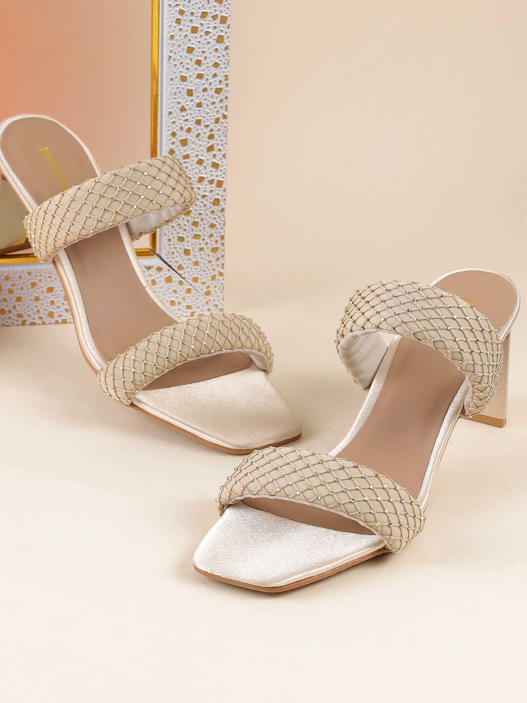 

Mochi Women Embellished Block Sandals, Beige