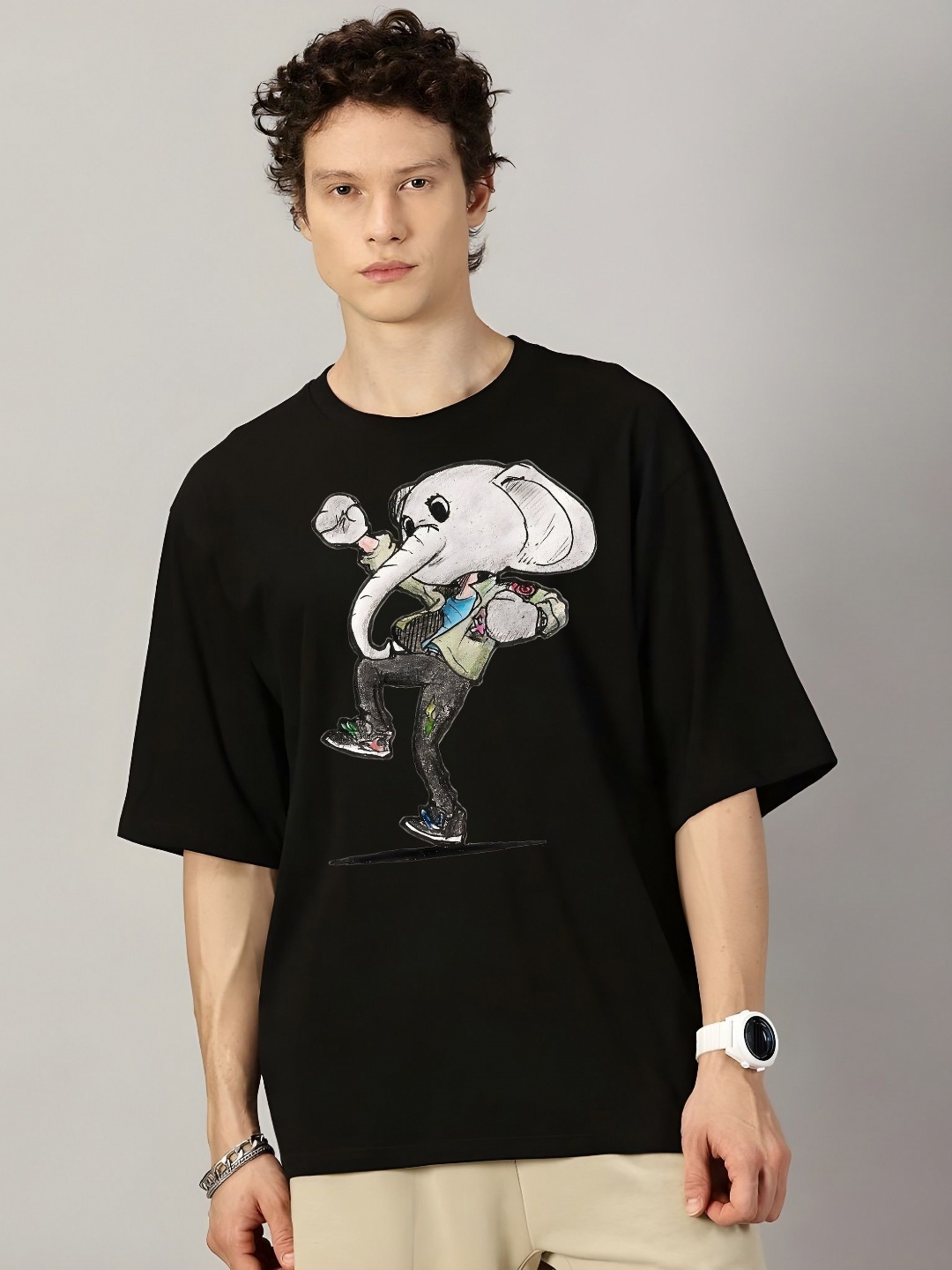

KAIDO Men Graphic Printed Round Neck Cotton Oversized T-shirt, Black