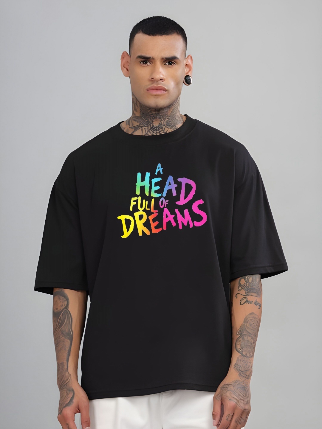 

KAIDO Men Graphic Printed Round Neck Cotton Oversized T-shirt, Black